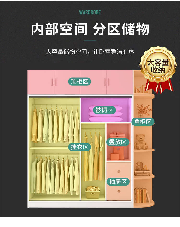 家用卧室简易结实耐用家用经济型推门 儿童木衣柜女孩小型生态板木