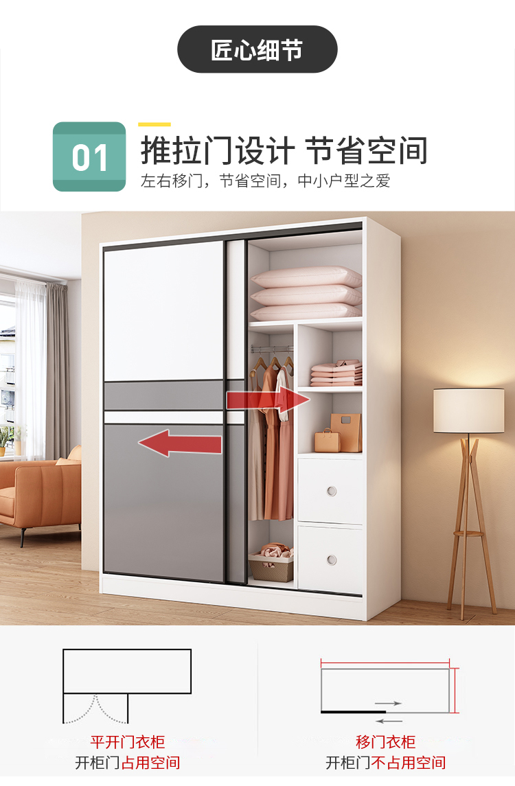 家用卧室简易结实耐用家用经济型推门 儿童木衣柜女孩小型生态板木